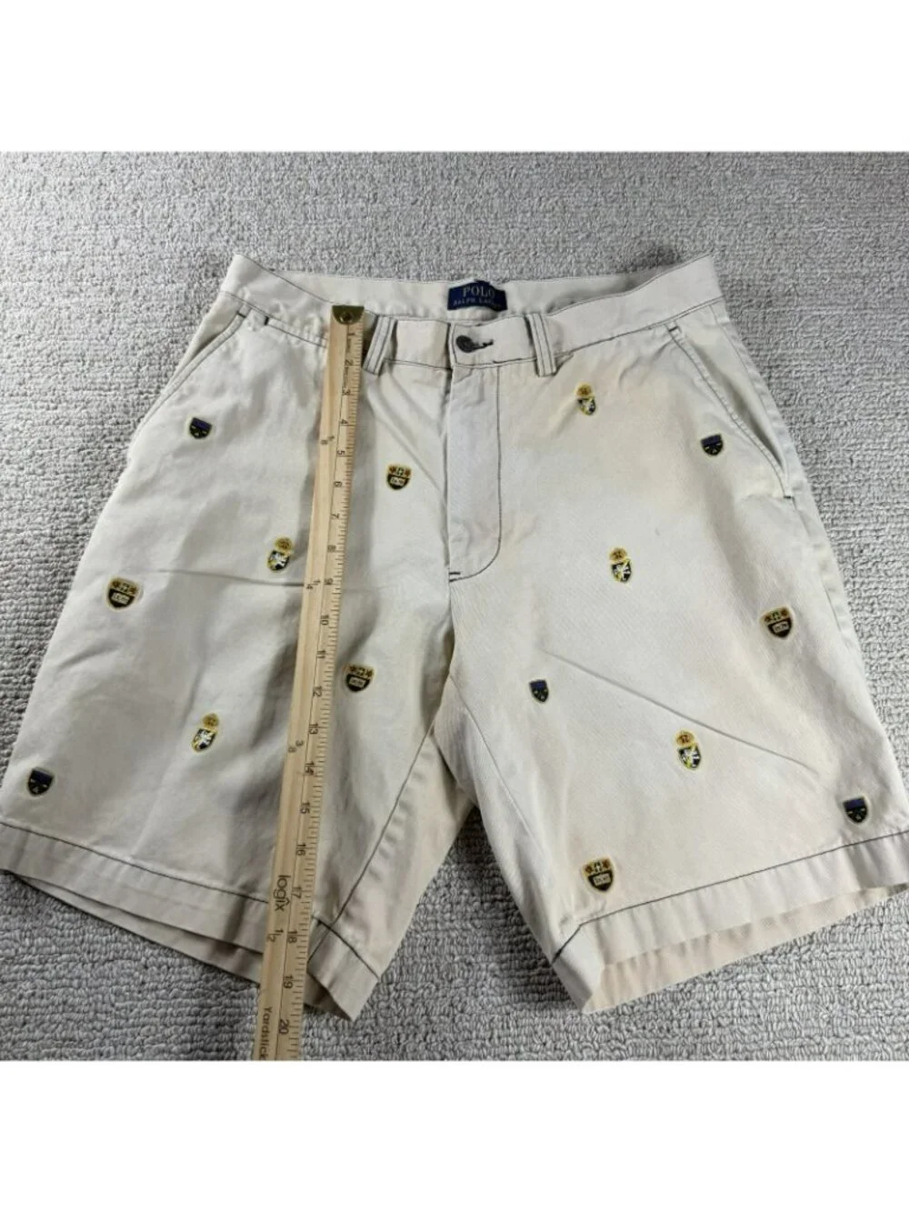 Polo Ralph Lauren Embroidered Shield Distressed Shorts Beige Men’s Size 32 x 9
